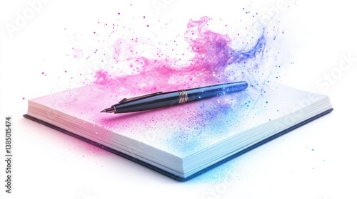 a notebook with cover image of pen with magic effect, isolated clear white background