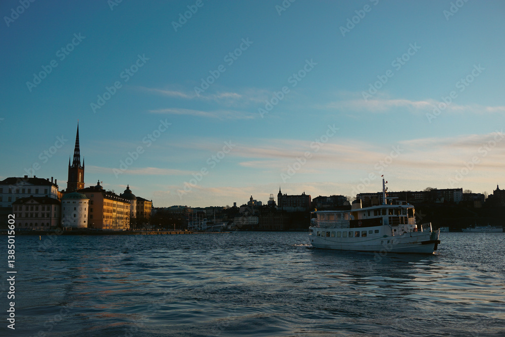 A passenger ship travels across the river