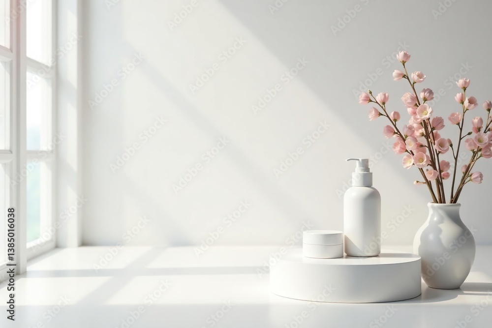 Clean, minimalist white backdrop for cosmetic displays, pristine, photography Clean, minimalist white backdrop for cosmetic displays, pristine, photography
