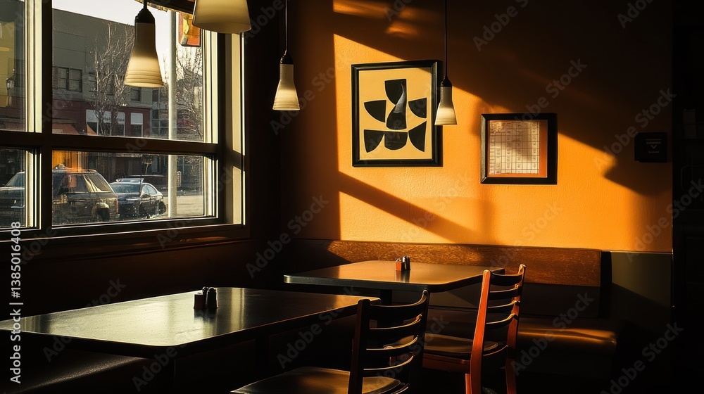 Fototapeta premium Sunny cafe interior, warm lighting, city view, dining space, potential stock image