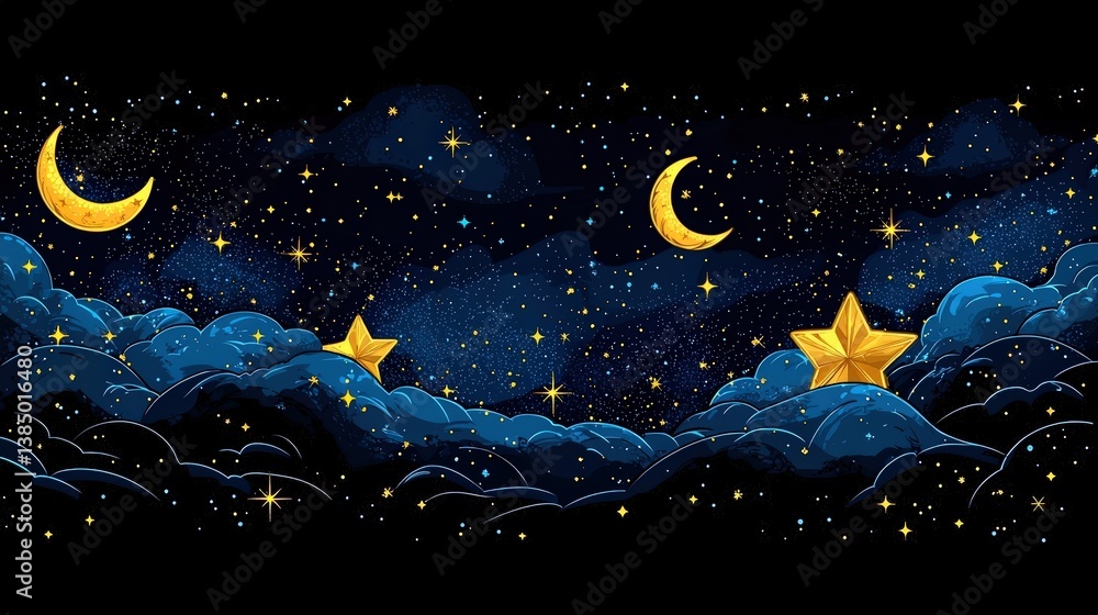 Fototapeta premium Night Sky Illustration with Twinkling Stars and Crescent Moons Over Dreamy Clouds