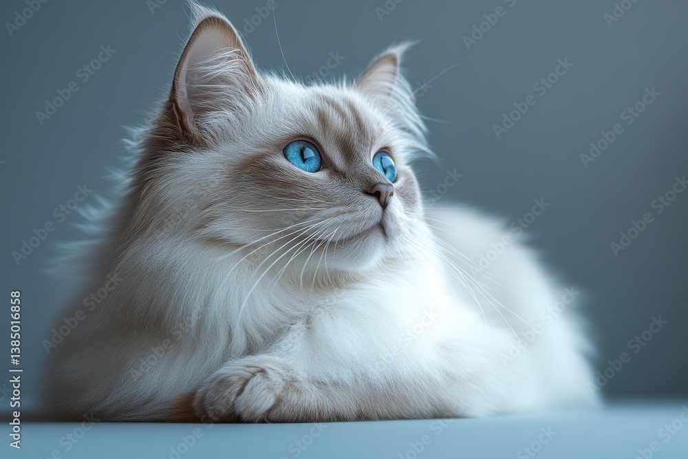 Fototapeta premium Curious feline gazes thoughtfully in soft blue light while resting on a cool surface