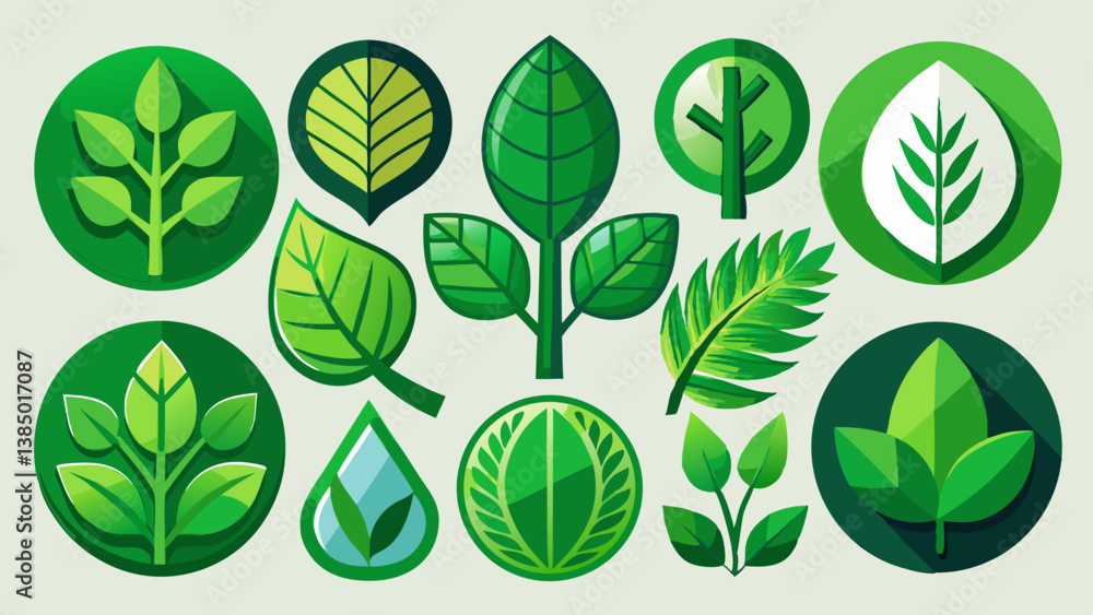 Set of green leaf icons. Leaves of trees and plants. Leaves icon. Collection green leaf. Elements design for natural, eco, bio, vegan labels. Vector Set of green leaf icons. Leaves of trees and plants. Leaves icon. Collection green leaf. Elements design for natural, eco, bio, vegan labels. Vector