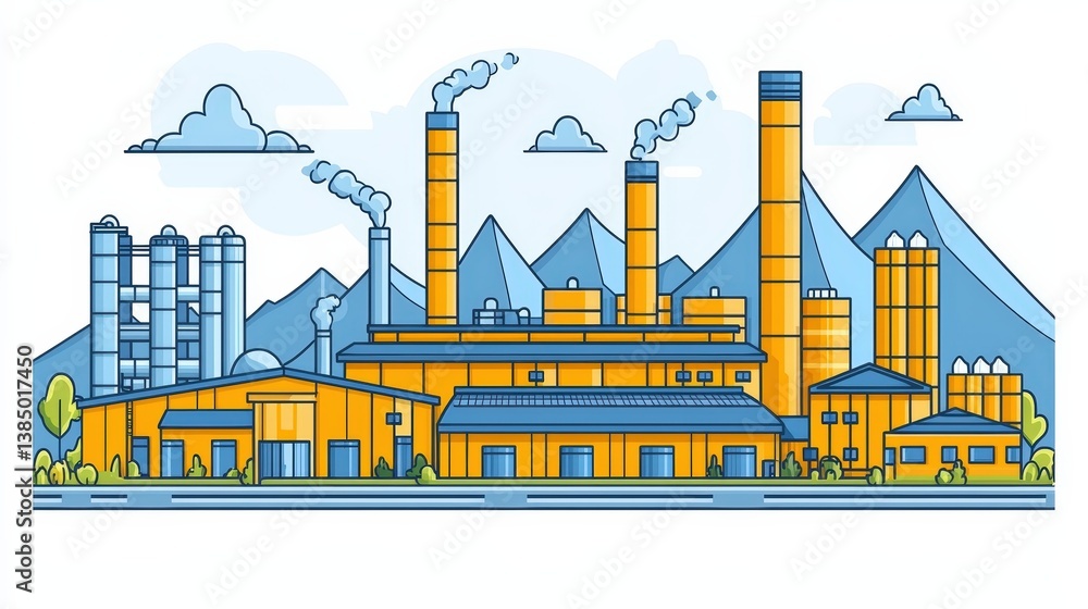 Obraz premium Colorful Industrial Complex with Smokestacks and Mountains in the Background
