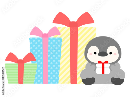 プレゼントとペンギン、クリスマスや誕生日のおしゃれなイラスト