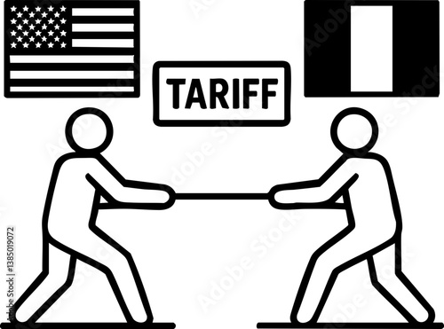 Import Tariffs trade impact concept. Two figures pulling a rope with flags and a tariff sign.