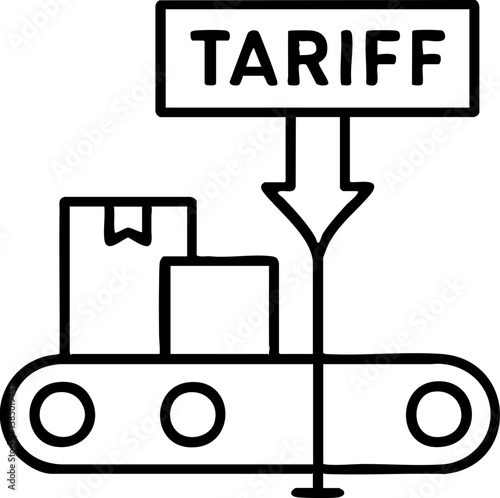 Import Tariffs trade impact concept. Conveyor belt with packages and a tariff sign above.