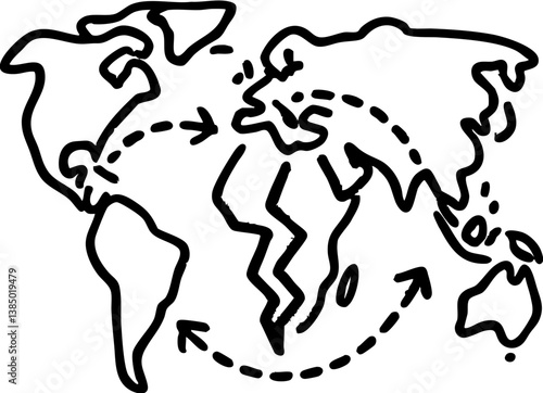 Import Tariffs trade impact concept. World map illustration with arrows indicating movement.