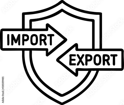 Import Tariffs trade impact concept. Shield symbol with arrows indicating import and export trade.