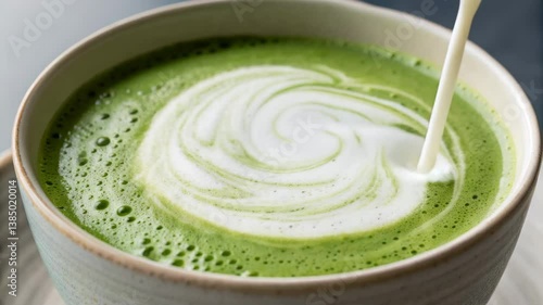Healthy breakfast low sugar concept. A creamy matcha beverage with intricate swirling patterns created by pouring steamed milk on top of a vibrant green foam.