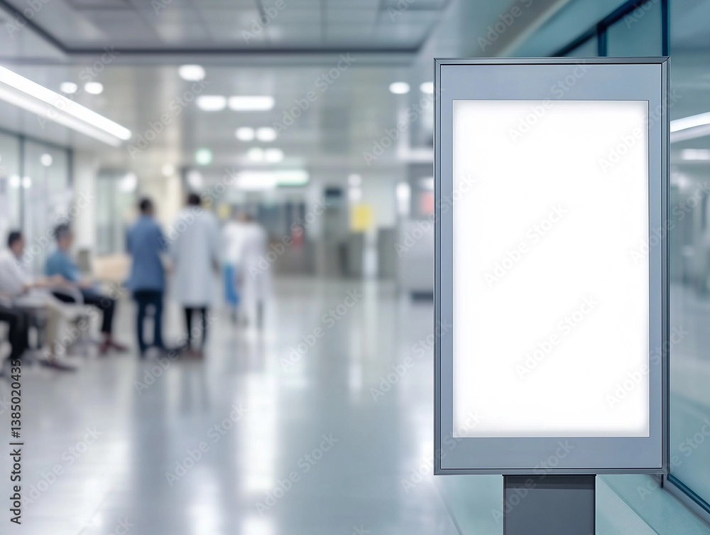 Empty white billboard stands in a hospital waiting area filled with patients and medical staff during a busy day Empty white billboard stands in a hospital waiting area filled with patients and medical staff during a busy day