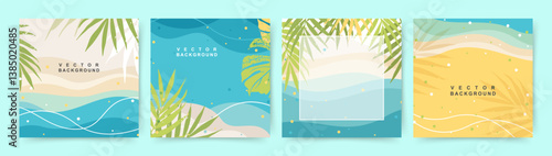 Colorful Summer and Travel Background. Theme of vacation and Beach. Editable vector templates with Exotic Nature elements for poster, banner, cover, card, story, summer Sale