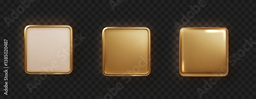 Golden plate button shape with frame. Realistic isolated design element, golden glossy label. Realistic 3D design.