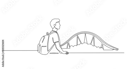 Person looking at bridge in outline style