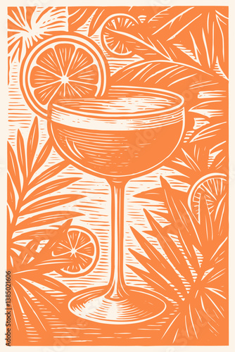Vector illustration of a cocktail in a coupe glass with an orange slice garnish. Tropical palm leaves in the background. Bold woodcut or linocut print style.