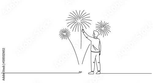 Person admiring fireworks in a minimalist line art style