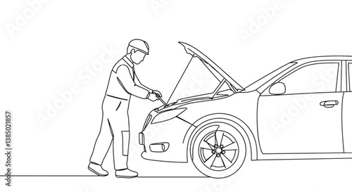 Car mechanic inspecting engine in outline mockup style