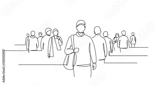 Line art of people walking in urban environment