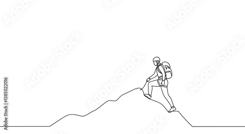 Hiker climbing mountain peak in minimalist line art style