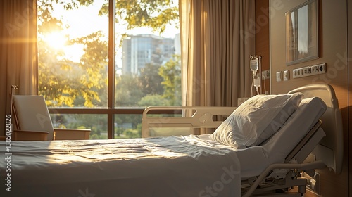 Sunset view hospital room, empty bed, peaceful recovery