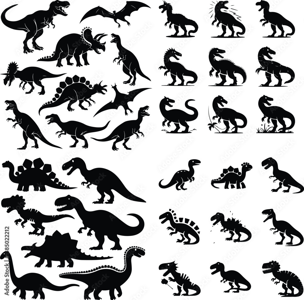 Naklejka premium Dinosaurs Silhouette Set | T-Rex, Triceratops, and Ancient Reptile Silhouettes Dinosaurs Silhouette Set | Prehistoric Animal and Jurassic Creatures Vector Collection