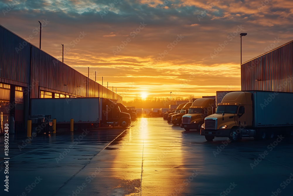 Obraz premium Trucks parked outside distribution warehouse during golden hour sunset