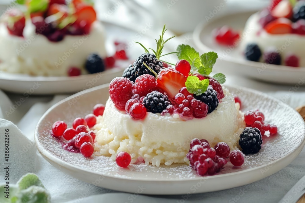 Three creamy rice pudding desserts, topped with assorted berries strawberries, raspberries, blackberries, red currants, and garnished with mint, are presented on individual plates Three creamy rice pudding desserts, topped with assorted berries strawberries, raspberries, blackberries, red currants, and garnished with mint, are presented on individual plates