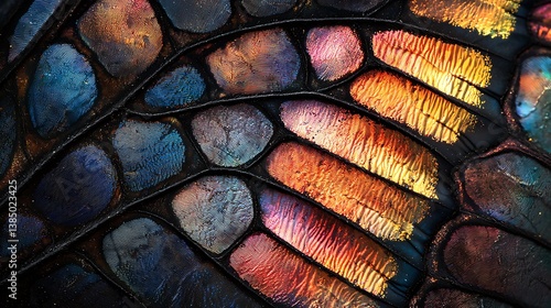 A precisely detailed butterfly wing with intricate scales, iridescent colors shimmering in natural light, ultra-realistic macro depth