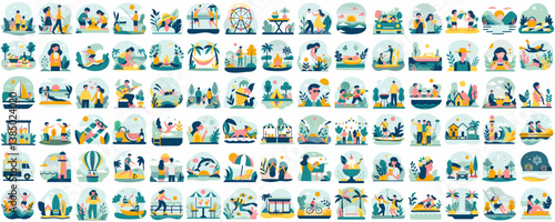 Vacation-themed vector bundle featuring 90 illustrations of outdoor activities and relaxation