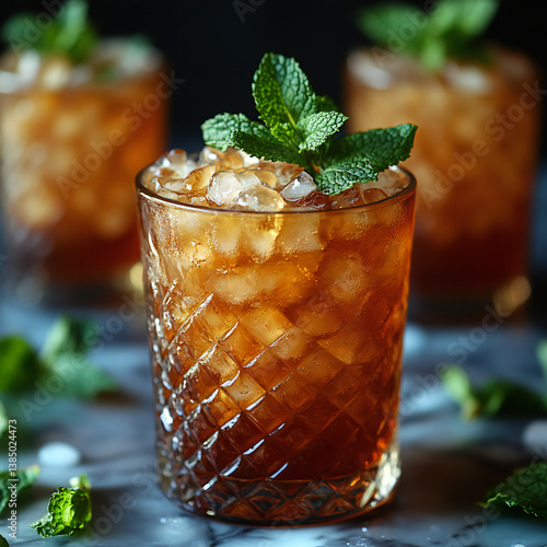 A refreshing glass of mint julep with crushed ice and a sprig of fresh mint