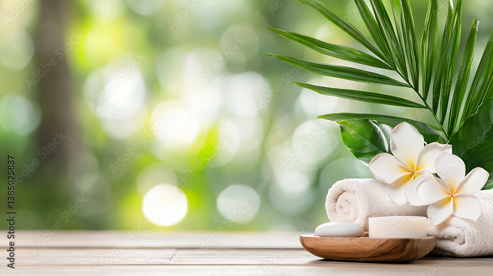 Relaxing spa setting with towels, soap, and tropical leaves, creating serene atmosphere for wellness and rejuvenation Relaxing spa setting with towels, soap, and tropical leaves, creating serene atmosphere for wellness and rejuvenation