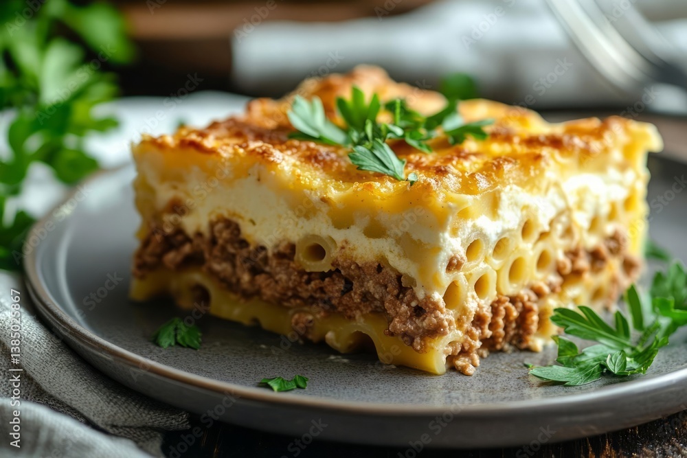 A close-up shows a portion of baked pasta with ground meat, a creamy sauce, and a browned top. Garnished with parsley and parmesan, it's served on a white plate A close-up shows a portion of baked pasta with ground meat, a creamy sauce, and a browned top. Garnished with parsley and parmesan, it's served on a white plate