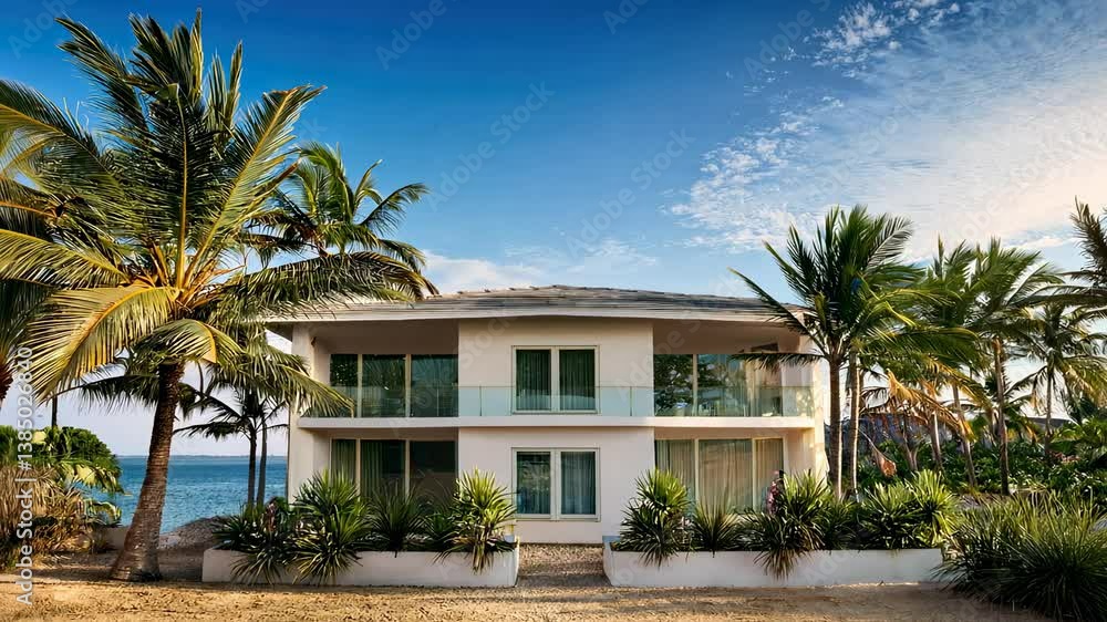 Sleek beachfront house with large windows is framed by lush palm trees, creating a tranquil atmosphere.. Sleek beachfront house with large windows is framed by lush palm trees, creating a tranquil atmosphere..