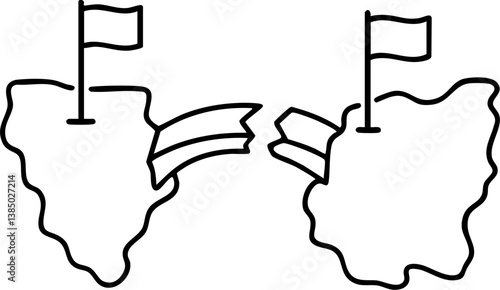 Import Tariffs policy impact concept. Two abstract landmasses with flags and a ribbon connecting them.