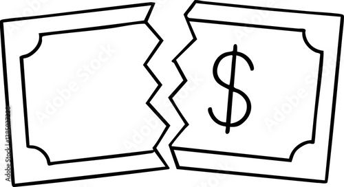Import Tariffs policy impact concept. Illustration of broken currency notes with a dollar sign.