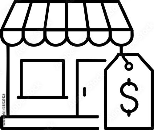 Import Tariffs policy impact concept. Shopfront illustration with a price tag.