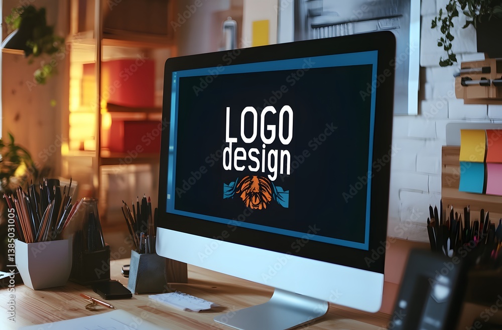 Logo Design on Desktop: A graphic designer's workspace with a modern desktop computer displaying a Logo Design on Desktop: A graphic designer's workspace with a modern desktop computer displaying a