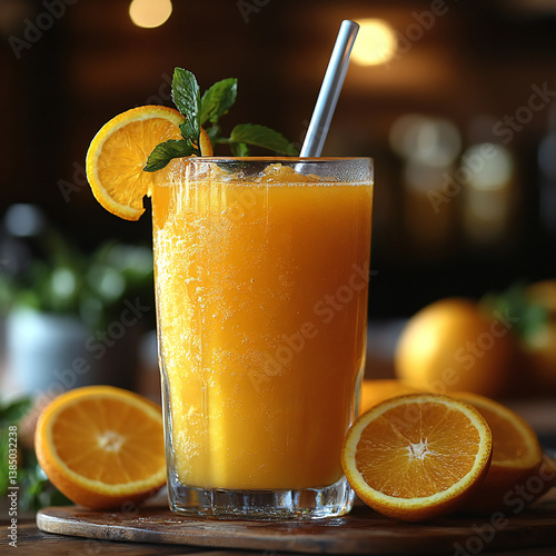 A vibrant glass of fresh orange juice served in a clear glass with a straw