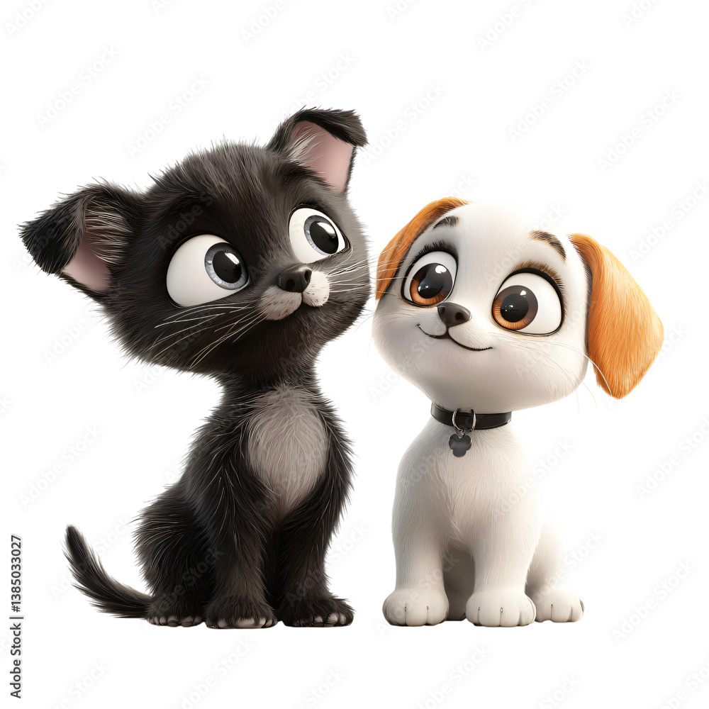 Fototapeta premium Adorable Cartoon Kittens and Puppy Best Friends 3D Render Cute Pets Studio Shot