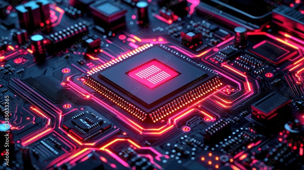 High-Tech Circuit Board with Bright Neon Lights and Detailed Microchip Design High-Tech Circuit Board with Bright Neon Lights and Detailed Microchip Design