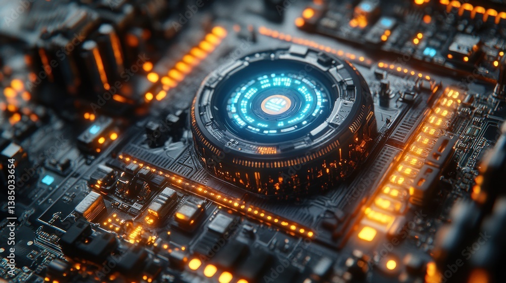Futuristic Circuit Board with Illuminated Processor Futuristic Circuit Board with Illuminated Processor
