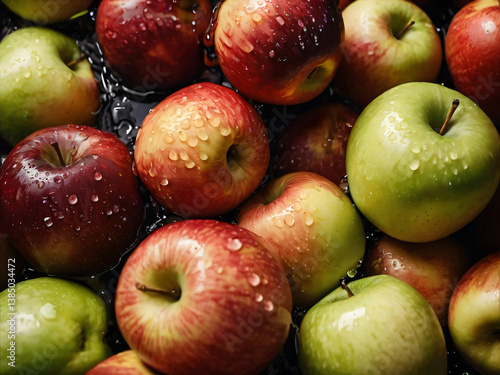 Vivid red apples splashed with water, creating dynamic droplets.