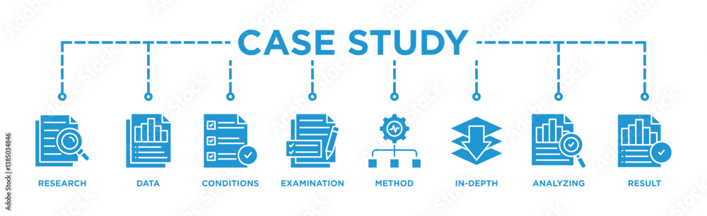 Case study banner web icon illustration concept with icon of research, data, conditions, examination, method, in-depth, analyzing, and result Case study banner web icon illustration concept with icon of research, data, conditions, examination, method, in-depth, analyzing, and result