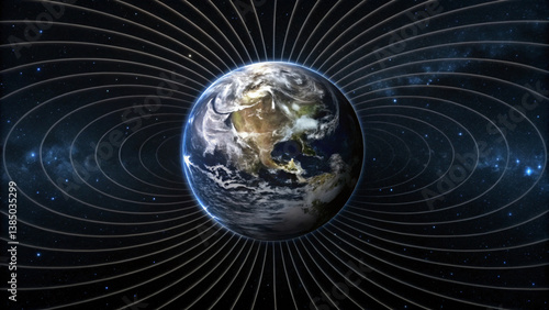 Earth Surrounded by Magnetic Field Lines Against a Starry Deep Space Background