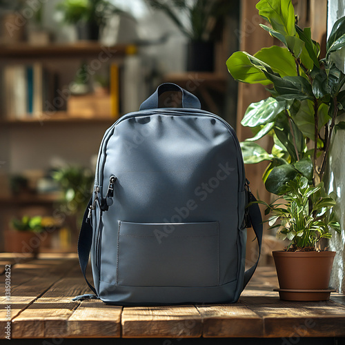 A clean mockup of a backpack on a desk in a classroom environment