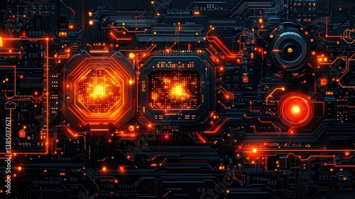 Futuristic Circuit Board with Glowing Patterns and Orange Light Effects in Dark Background