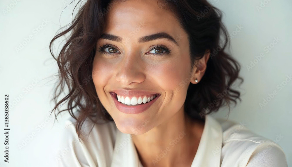 Close-up of smiling woman with perfect teeth on a white background for dental ads. Close-up of smiling woman with perfect teeth on a white background for dental ads.