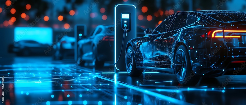 3D rendering of three cars charging at an electric vehicle charging station on a dark blue background with glowing lines and dots, representing the connection technology concept 3D rendering of three cars charging at an electric vehicle charging station on a dark blue background with glowing lines and dots, representing the connection technology concept