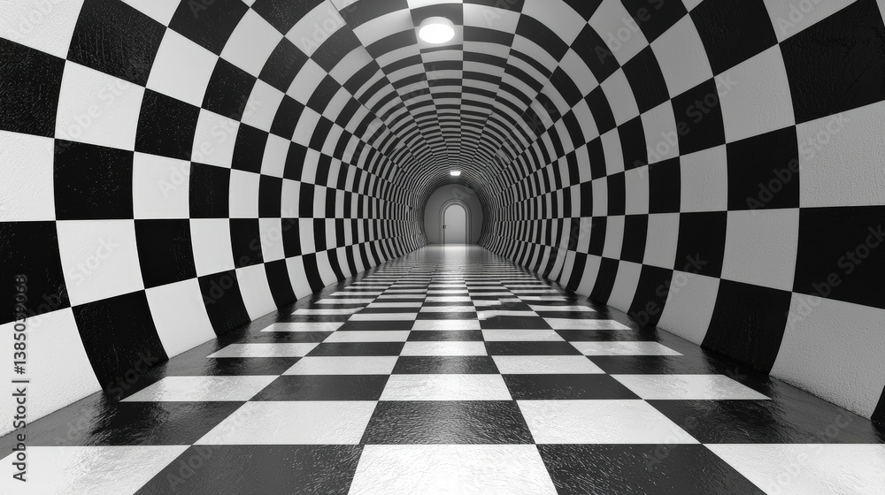 Naklejka premium Abstract Black and White Tunnel with Checkered Pattern and Futuristic Perspective Design