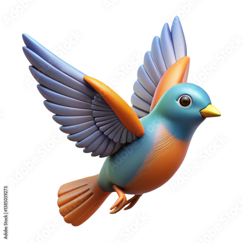 A colorful bird with large wings in flight, showcasing vibrant shades of blue and orange, designed in a playful, cartoonish style, illustration of 3d rendering.	